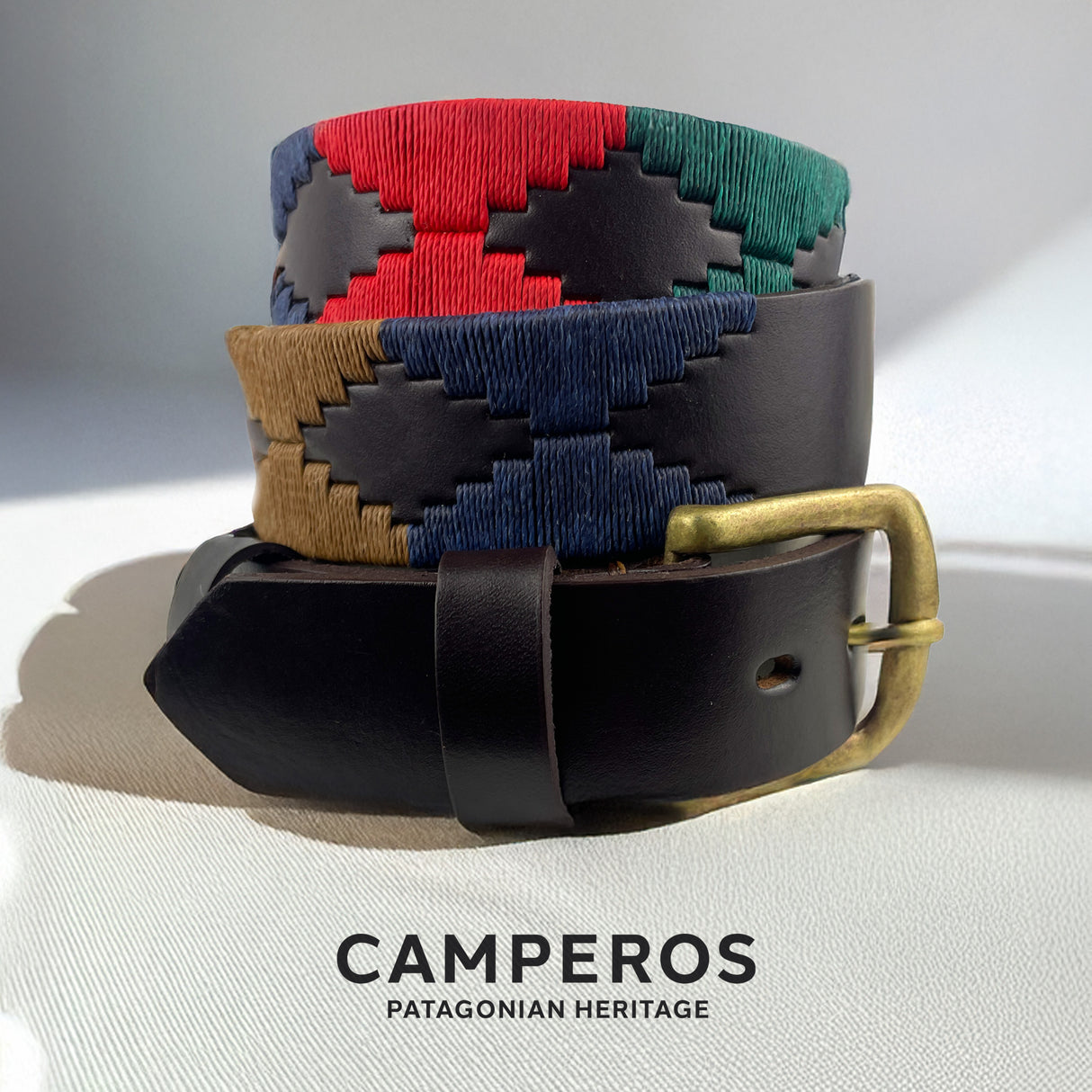 Handcrafted leather polo belt with Blue, Brown, Green & Red thread embroidery and bronze buckle – by Camperos