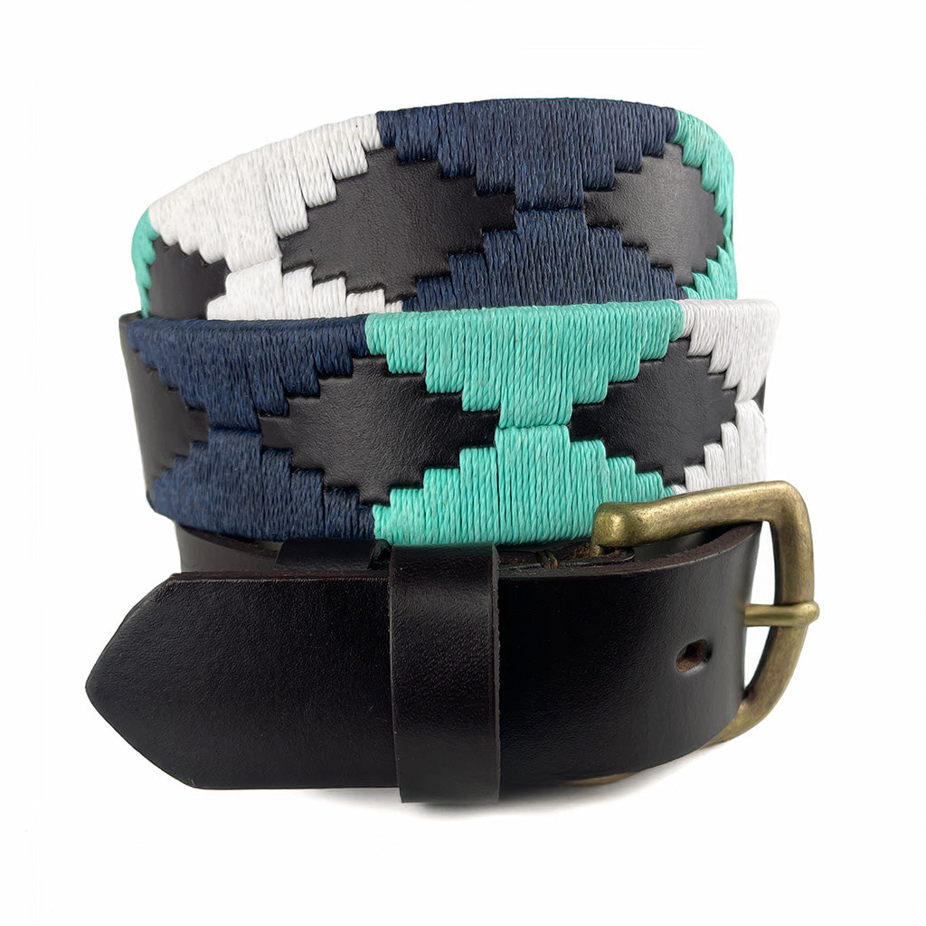 Handcrafted leather polo belt with Blue, Light Blue, White thread embroidery and bronze buckle, by Camperos