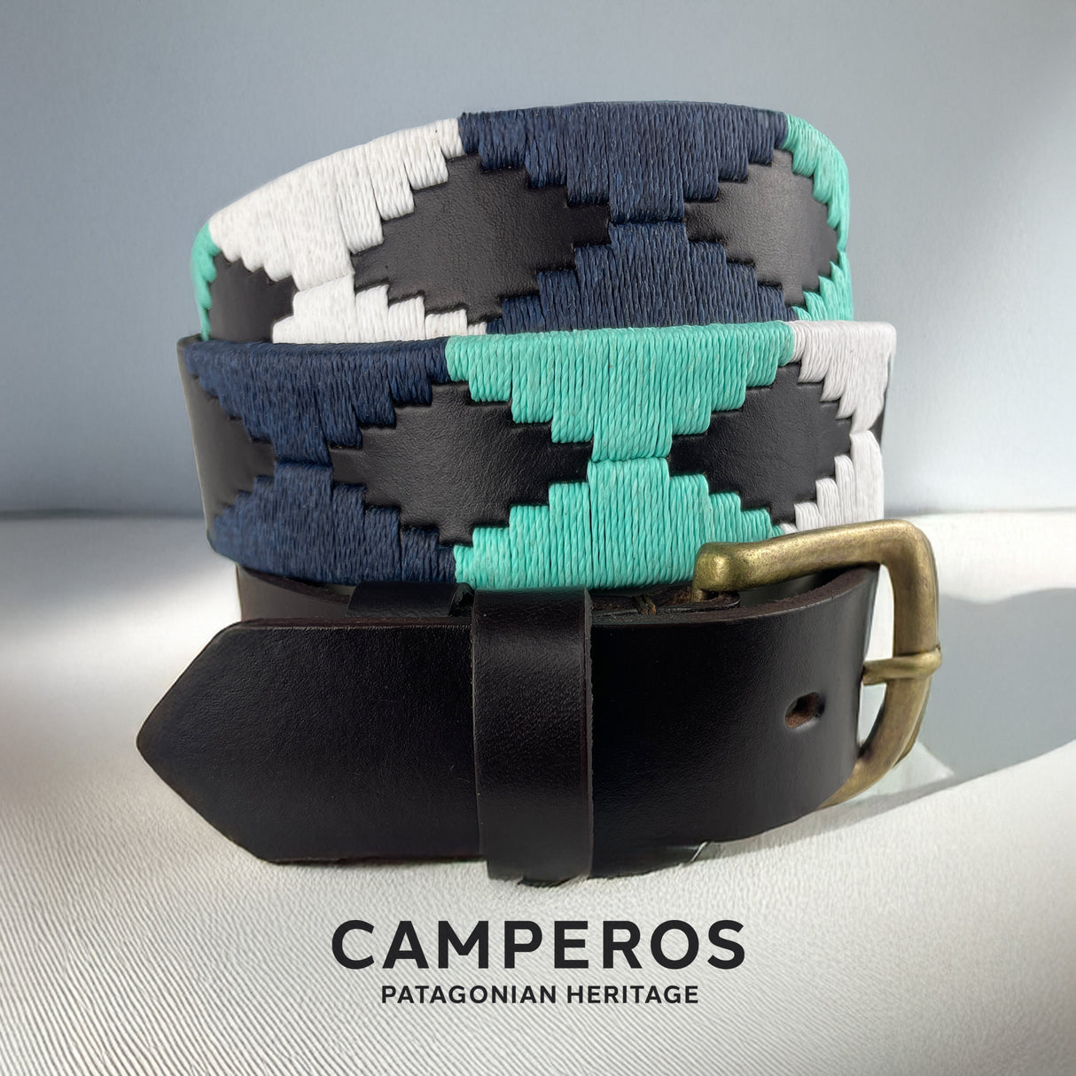Handcrafted leather polo belt with Blue, White & Bright Green thread embroidery and bronze buckle‚ by Camperos