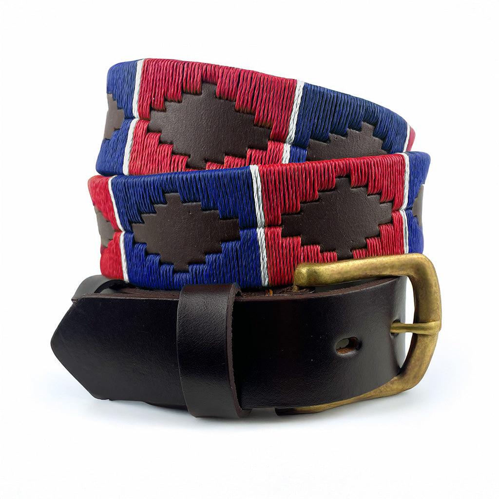 Handcrafted leather polo belt with Red, Blue & White thread embroidery and bronze buckle, by Camperos