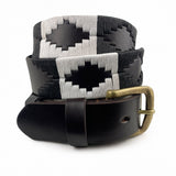 Handcrafted leather polo belt with Black & White thread embroidery and bronze buckle, by Camperos